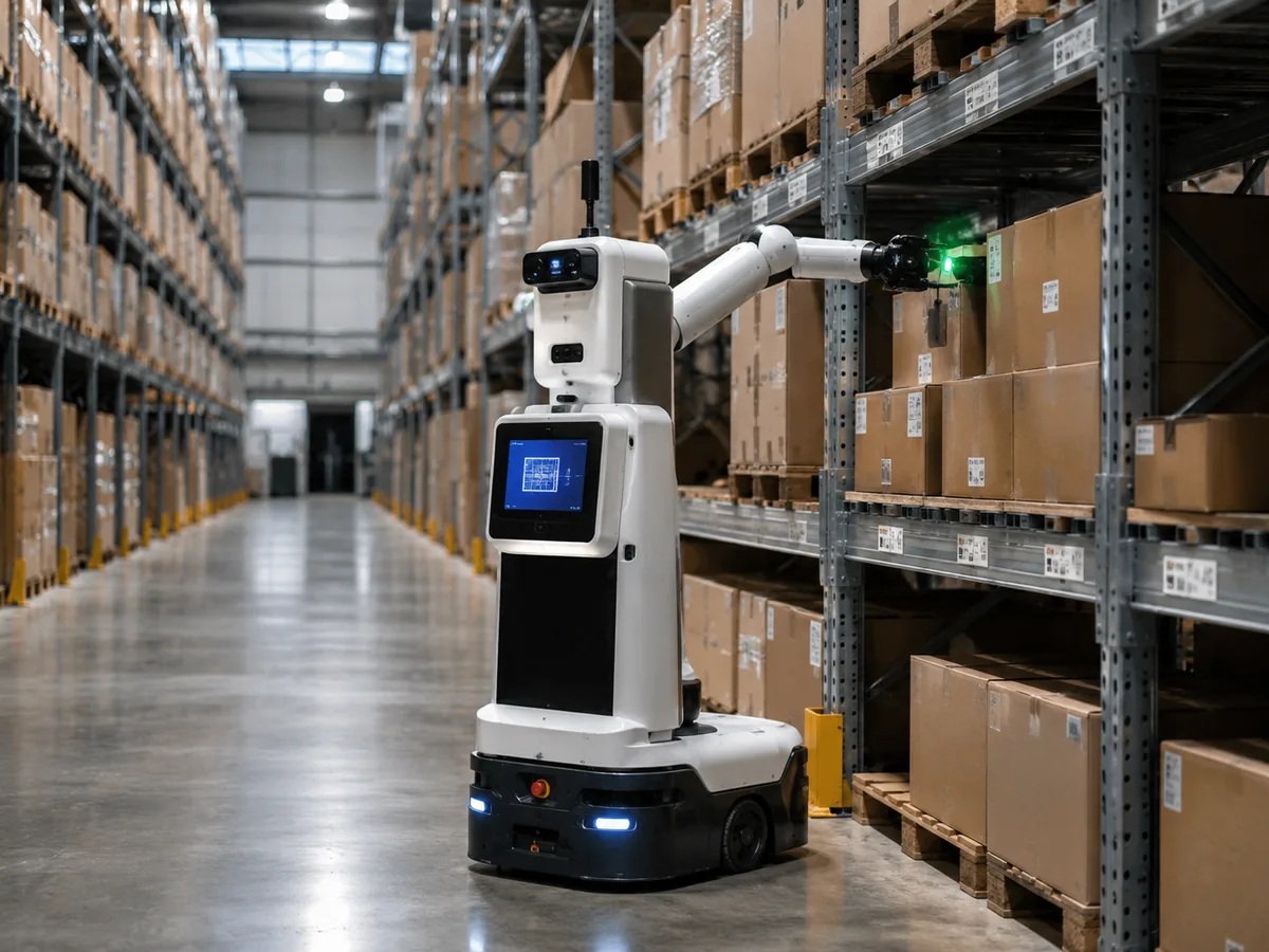 Autonomer Inventurroboter fährt durch ein modernes Hochregallager